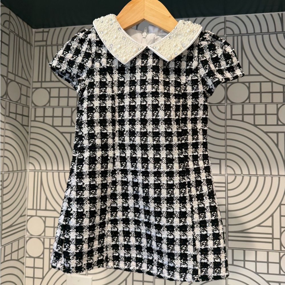 Rare Editions Black and White Plaid Boucle Dress with Pearl collar